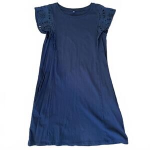 Uniqlo Girls Navy Flutter Sleeve Dress 11-12Y | Cotton Eyelet Detail